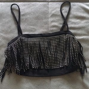 Black silver studded fringe crop top